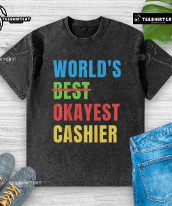 Nice Worlds Okayest Cashier washed t-shirt featuring a humorous graphic design for casual wear enthusiasts.