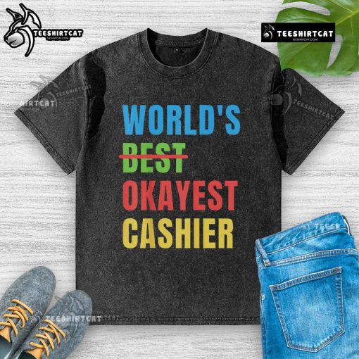 Nice Worlds Okayest Cashier washed t-shirt featuring a humorous graphic design for casual wear enthusiasts.