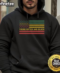 Alt Text: Young person wearing a 'Nice Young Gifted and Black' hoodie with an American flag design, promoting unity and pride.