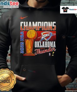 Alt Text: Oklahoma City Thunder trophy hoodie celebrating the 2025 NBA Finals champions, featuring team logo and vibrant colors.