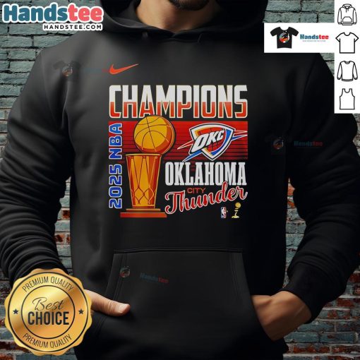 Alt Text: Oklahoma City Thunder trophy hoodie celebrating the 2025 NBA Finals champions, featuring team logo and vibrant colors.