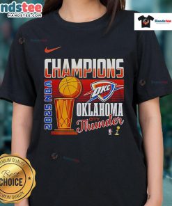 Alt Text: Oklahoma City Thunder 2025 NBA Finals Champions trophy on a ladies tee, celebrating the team's victory in style.