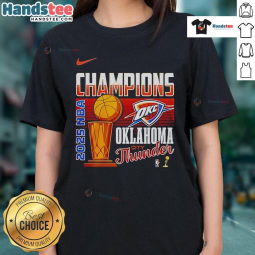 Alt Text: Oklahoma City Thunder 2025 NBA Finals Champions trophy on a ladies tee, celebrating the team's victory in style.