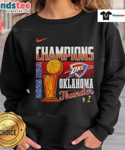 2025 NBA Finals Champions Oklahoma City Thunder trophy sweatshirt featuring team colors and logo, perfect for fans.