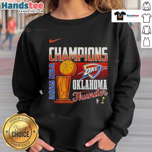 2025 NBA Finals Champions Oklahoma City Thunder trophy sweatshirt featuring team colors and logo, perfect for fans.