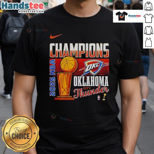 Alt Text: Official 2025 NBA Finals Champions Oklahoma City Thunder trophy t-shirt featuring team colors and logo.