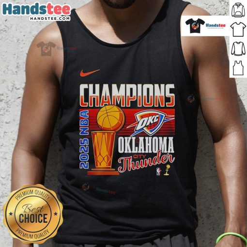 Official 2025 NBA Finals Champions Oklahoma City Thunder trophy tank top showcasing team pride and championship spirit.