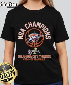 Official 2025 NBA Finals Oklahoma City Thunder ladies tee featuring team colors and logo, perfect for fans.