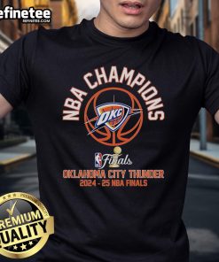 Alt Text: Official 2025 NBA Finals World Champions Oklahoma City Thunder T-Shirt featuring team logo and championship graphics.