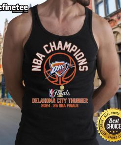 Alt Text: Official 2025 NBA Finals Champions Oklahoma City Thunder tank top showcasing team logo and vibrant colors.