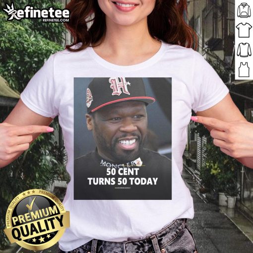 50 Cent celebrates turning 50 today wearing a stylish ladies' tee, showcasing his iconic style and birthday vibes.