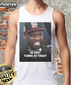 50 Cent celebrates turning 50 today in a stylish tank top, showcasing his iconic style and personality.
