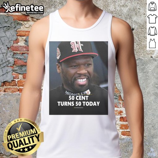 50 Cent celebrates turning 50 today in a stylish tank top, showcasing his iconic style and personality.