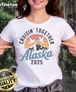 Official Alaska 2025 vintage sunset mountain and birds silhouette ladies tee showcasing a scenic outdoor design.