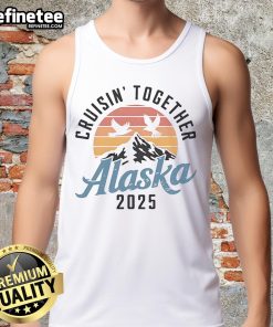 Official Alaska 2025 vintage sunset with mountain and birds silhouette on a stylish tank top.