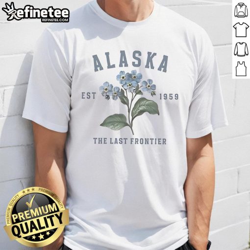 Official Alaska The Last Frontier Forget Me Not Flower Graphic T-Shirt featuring a vibrant floral design for nature lovers.