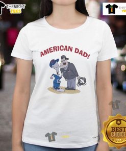 Alt Text: Official American Dad Baseball Cartoon Ladies Tee featuring vibrant graphics of popular characters for casual wear.