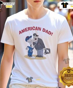 Alt Text: Official American Dad Baseball Cartoon T-Shirt featuring vibrant graphics of characters from the popular TV show.