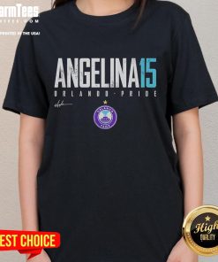 Official Angelina 15 Orlando Pride Elite Ladies Tee showcasing vibrant colors and stylish design for fans.