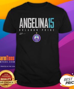 Official Angelina 15 Orlando Pride Elite T-Shirt featuring vibrant colors and team logo, perfect for fans and supporters.