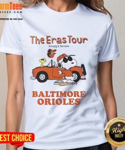 Alt Text: Official Baltimore Orioles The Eras Tour Snoopy Ladies Tee featuring vibrant graphics and comfortable fit for fans.