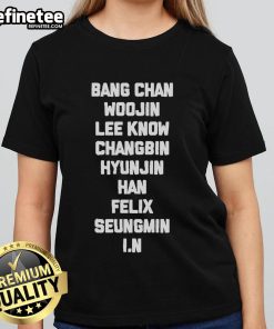 Official Stray Kids members Bang Chan, Woojin, Lee Know, Changbin, Hyunjin, Han, Felix, Seungmin, I.N in ladies tee.