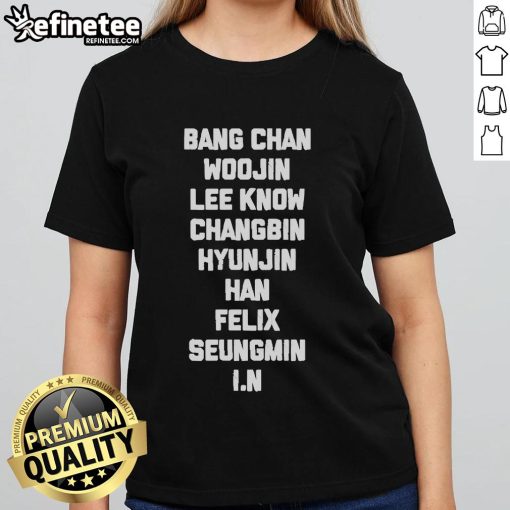 Official Stray Kids members Bang Chan, Woojin, Lee Know, Changbin, Hyunjin, Han, Felix, Seungmin, I.N in ladies tee.