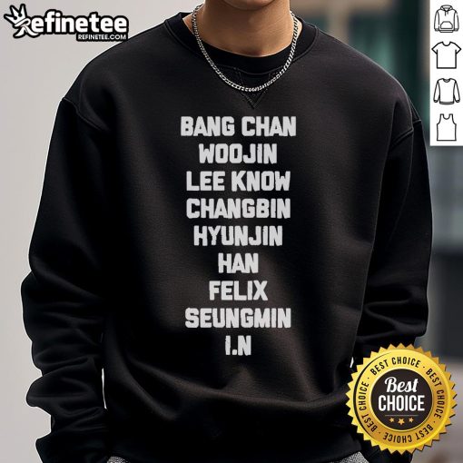 Official Bang Chan, Woojin, Lee Know, Changbin, Hyunjin, Han, Felix, Seungmin, I.N sweatshirt featuring Stray Kids members.