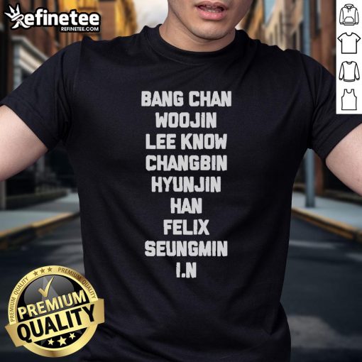 Official Bang Chan, Woojin, Lee Know, Changbin, Hyunjin, Han, Felix, Seungmin, I.N T-Shirt featuring all members.