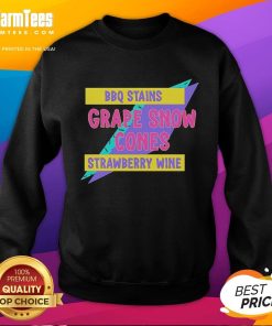 Official BBQ Stains sweatshirt featuring grape snow cones and strawberry wine design, perfect for summer gatherings.