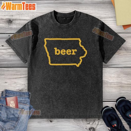 Official Beer Iowa State Map washed t-shirt featuring a colorful graphic of Iowa's breweries and beer culture.