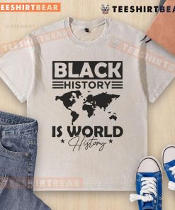 Official Black History is World History washed t-shirt featuring bold text design on a casual black fabric.