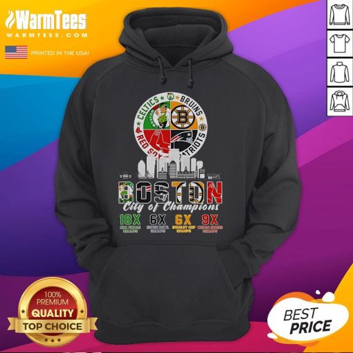 Alt Text: Official Boston Celtics, Bruins, Red Sox, and Patriots City of Champions Hoodie showcasing team logos and vibrant design.