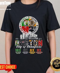 Official Boston Celtics, Bruins, Red Sox, and Patriots City of Champions ladies tee featuring team logos and vibrant design.