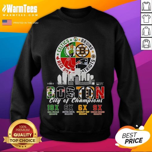 Alt Text: Official Boston Celtics, Bruins, Red Sox, and Patriots City of Champions sweatshirt showcasing Boston's sports pride.