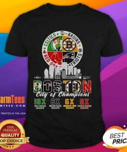 Official Boston Celtics Bruins Red Sox Patriots City of Champions T-Shirt featuring iconic Boston sports logos.