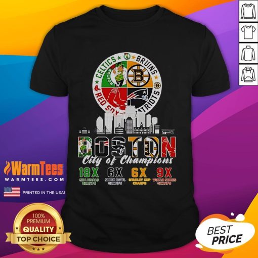 Official Boston Celtics Bruins Red Sox Patriots City of Champions T-Shirt featuring iconic Boston sports logos.