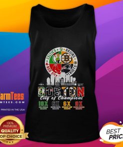 Official Boston Celtics, Bruins, Red Sox, and Patriots City of Champions tank top featuring iconic team logos.