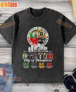 Official Boston Celtics Bruins Red Sox Patriots City of Champions washed t-shirt showcasing team logos and vibrant design.