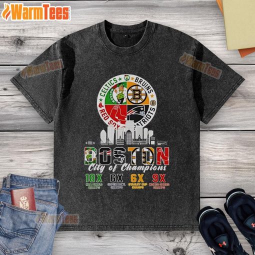 Official Boston Celtics Bruins Red Sox Patriots City of Champions washed t-shirt showcasing team logos and vibrant design.