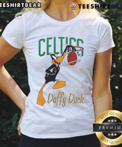 Official Boston Celtics Daffy Duck Dunk Ladies Tee featuring vibrant graphics and team colors for sports fans.