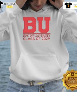 Alt Text: Official BU Boston University Class of 2029 hoodie in navy blue with university logo and graduation year design.