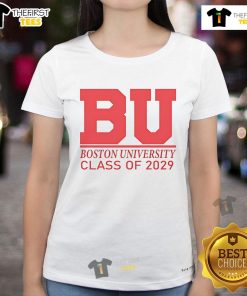 Alt Text: Official Boston University Class of 2029 ladies tee featuring school colors and logo, perfect for proud BU students.