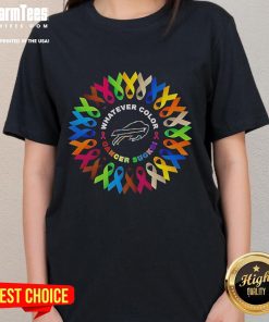 Official Buffalo Bills 'Whatever Color Cancer Sucks' ladies tee, featuring bold graphics and a stylish fit for fans.
