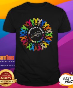 Official Buffalo Bills 'Whatever Color Cancer Sucks' T-Shirt featuring team colors and cancer awareness message.
