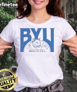 Official BYU Brigham Young University ladies tee in navy blue with logo, perfect for fans and alumni of BYU.