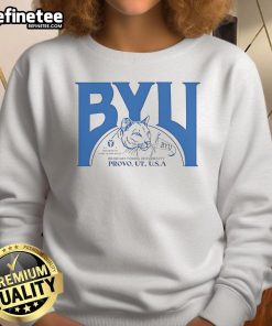 Alt Text: Official BYU Brigham Young University sweatshirt in navy blue, featuring the university logo on the front.