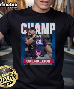 Alt Text: Cal Raleigh, Seattle Mariners, 2025 T-Mobile Home Run Derby Champion MLB T-shirt design featuring vibrant graphics.