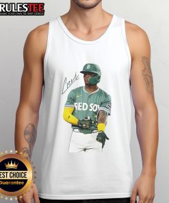Alt Text: Ceddanne Rafaela Boston Red Sox signature tank top featuring vibrant team colors and player autograph detail.