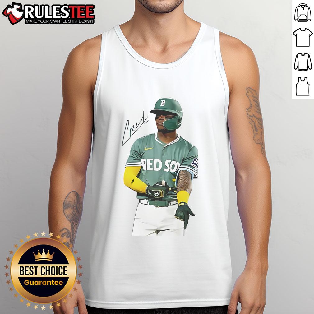 Official Ceddanne Rafaela Boston Red Sox Signature Tank Top Alt Text: Ceddanne Rafaela Boston Red Sox signature tank top featuring vibrant team colors and player autograph detail.